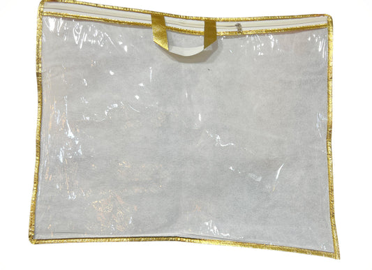 Transparent Suit & Dress Packing Bag with White Fabric and Golden Border – Zipper Closure